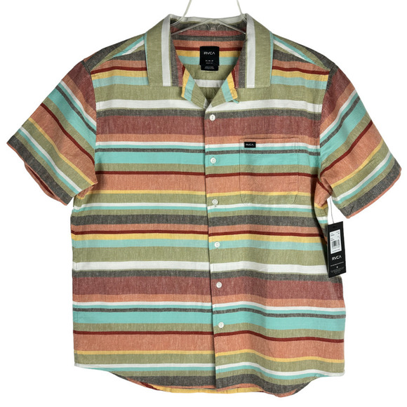 RVCA Riviera Boys Button Up Shirt Sz M Short Sleeve Pocket Striped Logo Colorful - Picture 3 of 13